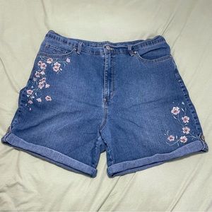 Baby Pink Floral Embroidered Denim Jean Shorts
